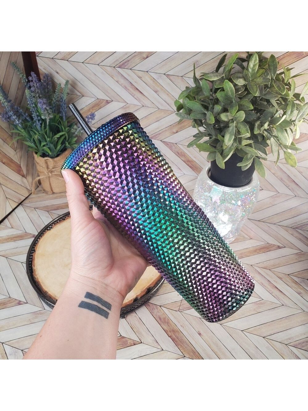 Starbucks Venti Studded Tumbler Black PVD Metallic Oil Slick Rainbow Bling NWT - Picture 3 of 5